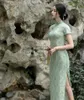 Etnische Kleding Vrouwen Groene Cheongsam Korte Mouw Zachte Vintage Lange Jurk Slanke Trouwkostuums Chinese Traditionele Elegante Qipao S Tot XXL