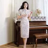 Ethnische Kleidung Chiffon chinesischer Stil Qipao Druck Blume Stehkragen Kurzarm Frauen Vintage Knopf Mitte der Wade Spitzenkante