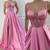 Fashion Pink Prom Dresses Beads Straps Evening Gowns Slit Pleats Ruffle A Line Formal Red Carpet Long Special Occasion Party dress