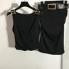 F1012 tweedelige jurk nieuwe sexy zwarte metalen luxe tops slanke rok nieuwe zomer metalen accessoires geplooide lage kraag vest top elastische wrap heup rok riem