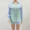 Agasalhos femininos Camisa para mulheres Ternos curtos com shorts soltos Conjuntos de duas peças de verão manga longa listrado estampado cores contrastantes Bolso