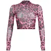 Vrouwen Blouses 2023 Sexy Roze Luipaard Print See-Through Mesh T-shirt Vrouwelijke Half Hoge Hals Vrouwelijke Y2K Koreaanse Mode