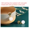 Orecchini a bottone 2023 S925 argento placcato oro intarsiato giada di Hetian naturale corno bianco moda semplice da donna