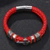 Bracelets porte-bonheur Est Rouge Double Tressé En Cuir Croix Bracelet Hommes Bijoux À La Mode En Acier Inoxydable Fermoir Magnétique Bracelets Punk Bracelet