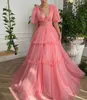 Sexy Pink Prom Dresses V Neck Half Sleeves Lace Evening Gowns Tiered Skirt Semi Formal Red Carpet Long Special Occasion dress