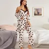 Dames Nachtkleding Damespyjama Set Met Hartjes Driedelige Nachtjapon Ijszijde Hemd Ruglooze Sexy Kant V-hals Lang Dames