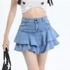 Rokken Streetwear Ruches Denim Mini Vrouwen Zomer Hoge Taille Blauw Zwart Sexy Rok Dames Jupe Femme