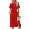 Casual Dresses Womens Summer Short Sleeve Off Shoulder Belted Midi Long Dress with Pickets Solid Color Sexy Split A-Line