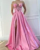 Fashion Pink Prom Dresses Beads Straps Evening Gowns Slit Pleats Ruffle A Line Formal Red Carpet Long Special Occasion Party dress