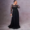 Black Lace Chiffon Mother of the Bride Dresses Bow Tie Belt Pleat Formal Evening Gowns Long Sleeve with Bead Birthday Party Wear