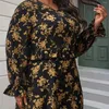 Plus Size Dresses Floral Print Ruffle Trim Long Sleeve Maxi Dress With Belt Women's Elegant V Neck