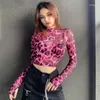 Vrouwen Blouses 2023 Sexy Roze Luipaard Print See-Through Mesh T-shirt Vrouwelijke Half Hoge Hals Vrouwelijke Y2K Koreaanse Mode