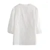 女性のブラウス女性カジュアルミントグリーンVネックストレートシャツ2023春の女性エレガントコットン刺繍シャツシックソイドホロウアウト