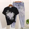 Vrouwen Trainingspakken Vrouwen Lovertjes Kralen 3D Bloem Katoen T-Shirt Kalf-Lengte Jeans Kleding Sets Zomer Mid Suits