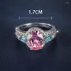 Anéis de casamento de luxo nupcial oval rosa zircão pedra de noivado para mulheres bandas de cristal de cor prata dia dos namorados joias da moda