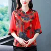 Blouses pour femmes 2023 haut de gamme Style chinois Noble jaune imprimé femmes Blouse grande taille rétro boucle col montant mince haut élégant