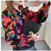 Kadınlar Blouses Kadınlar 2023 Bahar Moda Gevşek Çiçek Baskı Gömlekleri Kadın Yakası Şifon Bayanlar Uzun Kollu T93