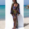 Casual Jurken Hirigin Vrouwen Y2k Sheer Mesh Lantaarn Mouw Lange Hoge Split Cover Up Jurk Ruffle Flowy Beach Badmode