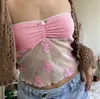 Canotte da donna Motivo floreale Maglia Velata Patchwork Crop Top Anni 2000 Retrò Più carino Rosa Senza spalline Canotta Fata Y2K Fascia toracica Senza schienale Tubo