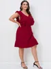 Plus Size Dresses Women's Valentine Day Solid Color Ruffle Trim Dress V-neck Summer Elegant