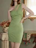 Casual Dresses Sexy Pencil Skirt Women One Shoulder Slim Fit Wrap Hip Dress Fold Green Color Sleeveless Short Beach Vacation Clothes