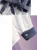Blusas femininas jeans de alta qualidade com emendas de linho de algodão com um só peito camisa feminina comprimento médio gola virada para baixo laço com cadarço outono inverno