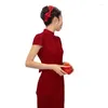 Vêtements ethniques élégant bordeaux Vintage amélioré Qipao robes de mariée mariée à manches courtes dos nu robe de bal de fête