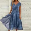 Casual Dresses Women Summer Dress Color Matching V Neck Short Sleeves Irregular Hem Chiffon Dress-up Thin Big Swing Plus Size