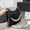 Womens Oil Wox Leather Cowhide Hobo Shoulder Bags Pearl Chain Handle Evening Purse Large Capacity Gold Metal Hardware Matelaase Clutch Designer Handbags 23CM