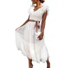 Party Dresses Women's Dress V Neck Pleated Short Sleeve Belt Large Hem White Banquet Wedding Zomer Zoete Jurkken