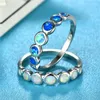 Bröllopsringar boho kvinnlig liten rund fingerring silver färg blå vit eld opal sten löfte engagemang för kvinnor