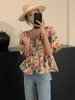 Camicette da donna Camicia in cotone con maniche a sbuffo con stampa floreale dolce coreana con lacci elastici Camicetta con scollo quadrato da strada alla moda