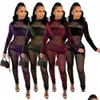 Kvinnors jumpsuits rompers Womens Designer Mesh Gaze Sexy Onepiece Suit Longsleved Highnecked Jumpsuit Clubwear Drop Delivery App Dhtx2
