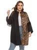 Plus -klänningar Kvinnor Colorblock Leopard Print Lace Decor Långärmad klänningsknapp Front Midi