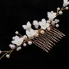 Hair Clips Small Porcelain Flower Bridal Comb Piece Gold Color Pearls Women Headpiece Handmade Wedding Accessories