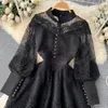 A Line Casual Dresses 2023 Vintage Flower Embroidery Hollow Out Lace Dress Women's Stand Collar Long Lantern Sleeve Pearls Bu270B