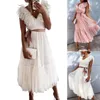 Party Dresses Women's Dress V Neck Pleated Short Sleeve Belt Large Hem White Banquet Wedding Zomer Zoete Jurkken