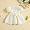 Robes fille 0-5Y Toddler Girls Summer Dress Embossed Floral Short Puff Sleeve Ruffle Collar Mesh