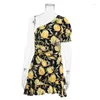 Party Dresses Summer Lemon Print Ruffled veckad kjol Asymmetrisk sexig sneda axeldesigner A-Line Chiffon Dress