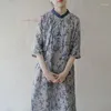 Vêtements ethniques 2023 Traditionnel Vintage Qipao National Bambou Imprimer Coton Lin Robe Chinois Amélioré Cheongsams Hanfu Rétro Zen