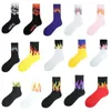 Women Socks Japanese Harajuku Men Flame Print Crew Hip Hop Contrast Color Ribbed Sports Street Skateboard Tube Hosiery