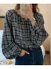 Women's Blouses 2023 Arrival Spring Summer Women Loose Casual O-neck Vintage Plaid Print Blouse Long Sleeve Single Breasted Shirts V179