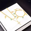 Collier Boucles D'oreilles Ensemble En Acier Inoxydable 316L 2 Couche Rétro Zircon Croix Turquoise Pendentif Colliers Bracelets Mode Haute Joaillerie Cadeau De Fête