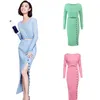 Grundläggande avslappnade klänningar S-ELF Portrait Sky Blue Slim Fit Split Step Dress Långärmning Knitklänning