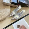 Summer Fashion Women Pointed Sandals Leather Stiletto Heel Shoes Designer Metal Triangle Sandals Female High Heel Slippers Ladies Slippers Dress Wedding Shoes