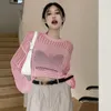 Women's T Shirts Korean Blouse Long Sleeve Crew Neck Casual Knit Breathable Mesh Fabric Autumn T-Shirts