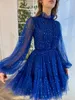 Sweet Royal Blue Short Homecoming Dresses Sequins High Neck Long Sleeves Mini Cocktail Homecoming Dress A Line