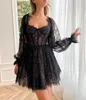 Sweet Black Short Dresses Up Back Long Sleeves Lace Mini tail Homecoming Dress A Line