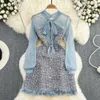 Casual Dresses Elegant Lady Small Fragrance Temperament Ribbon Bow Collar Soft Ruffle Patchwork Tweed Plaid Woolen Buttons Autumn Mini Dress 2023