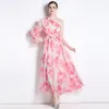 Casual Dresses Sweet Pink Color Big Flower Printed Beach Vacation Summer Women Loose Softerable Chiffon Swing Ankle Length Vestidos